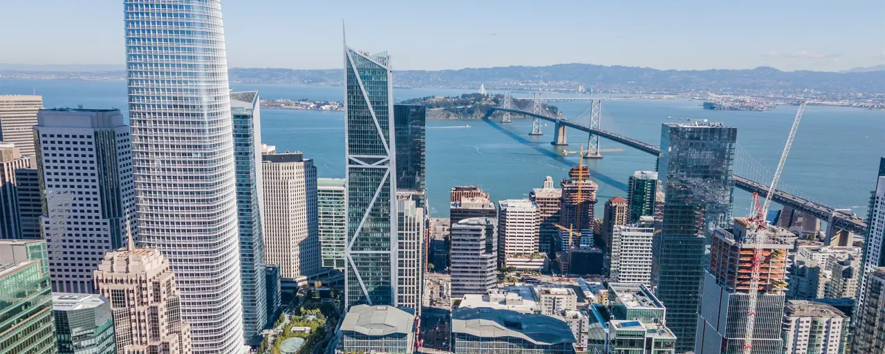 View of skyscrapers in America with sun beaming