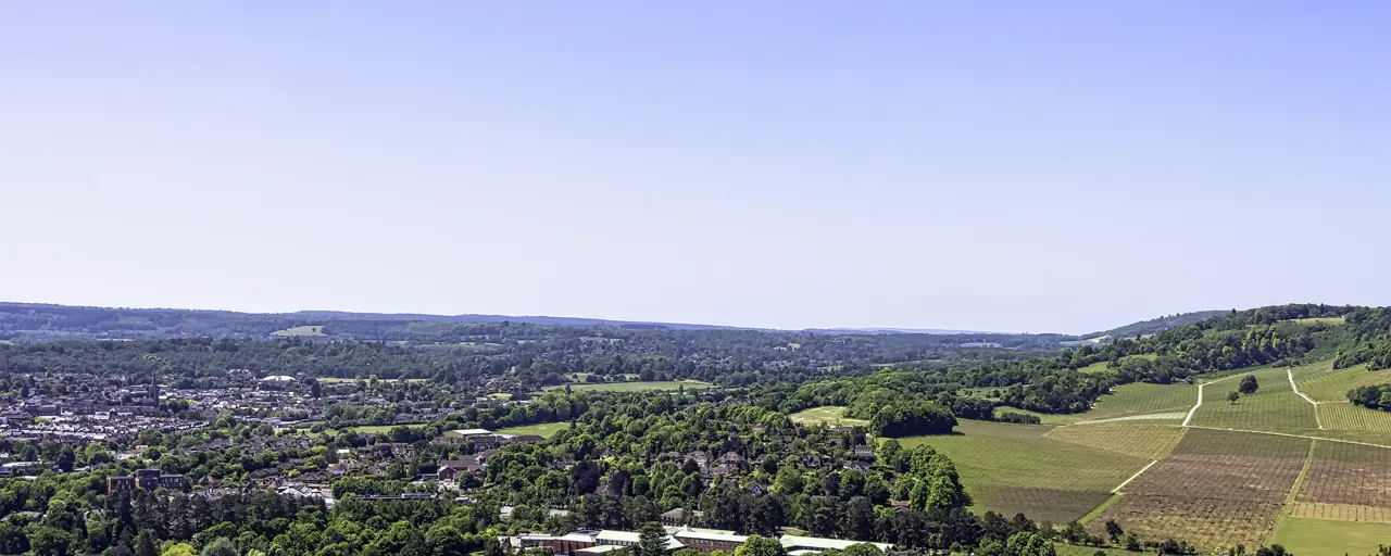 View of the Surrey hills with the sun beaming in the sky