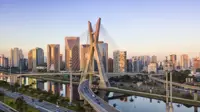 Aerial view of the famous cable-stayed bridge of Sao Paulo city with blue sky.