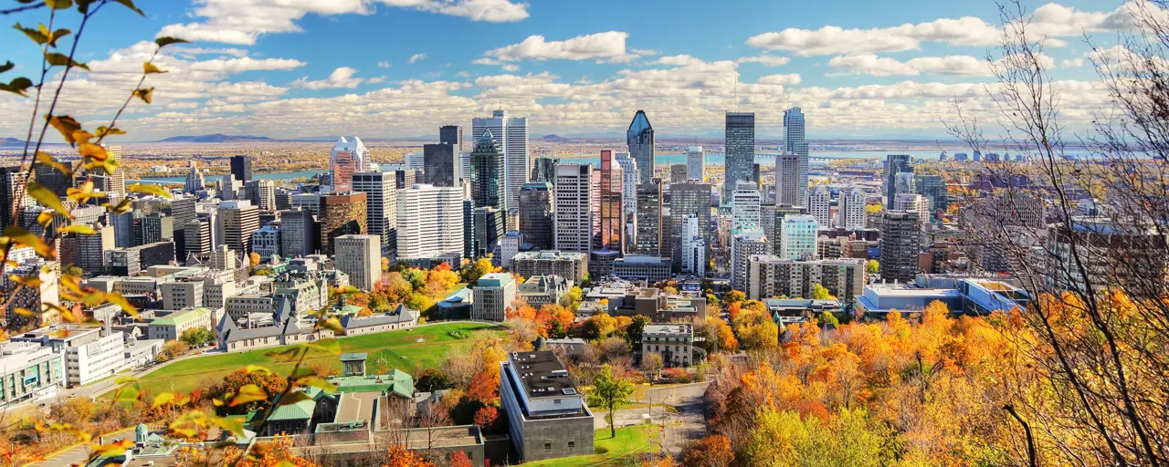 A vibrant cityscape view of downtown Montreal, Canada, taken from an elevated vantage point. Skyscrapers rise in the center of the image, surrounded by a mix of modern and historic buildings. The foreground is filled with colorful autumn foliage, with trees displaying hues of orange, yellow, and red. A clear blue sky with scattered white clouds frames the city, and in the distance, the St. Lawrence River is visible along the horizon