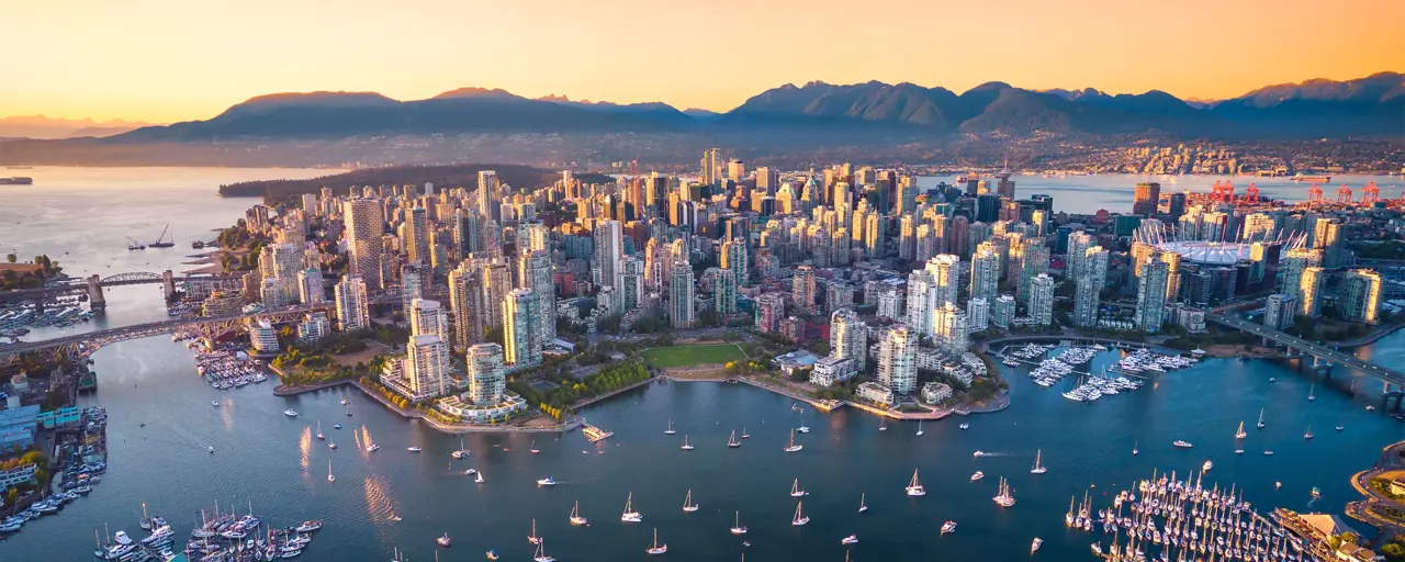 Aerial View Of Downtown Vancouver Skyline British Columbia Canada At Sunset