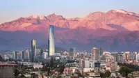 Arial View Of Santiago Skyline At Sunset With Costanera Skyscraper And Andes Mountains Santiago Chile