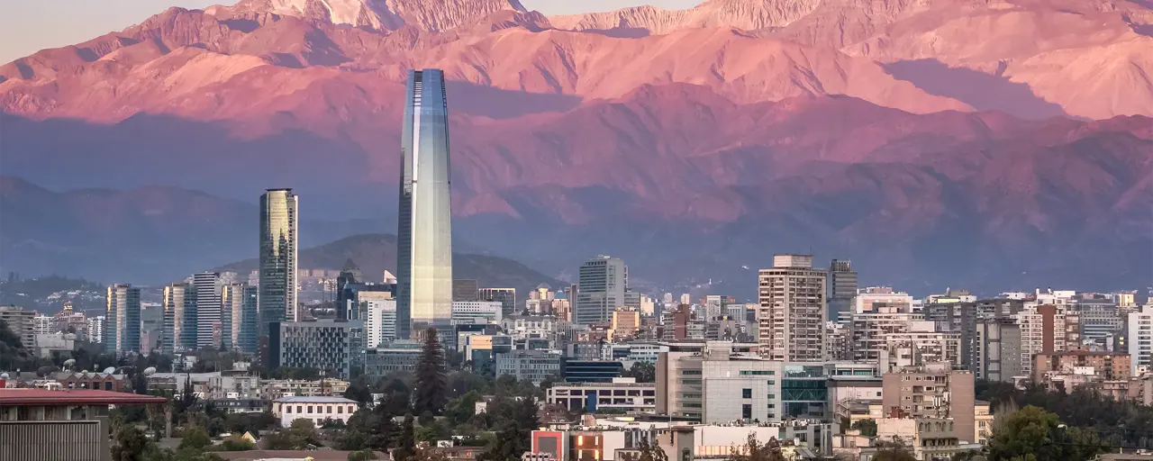 Arial View Of Santiago Skyline At Sunset With Costanera Skyscraper And Andes Mountains Santiago Chile