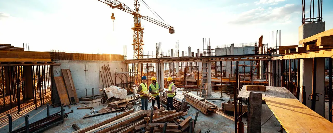 View of construction site with the sun beaming on the cranes and structure.