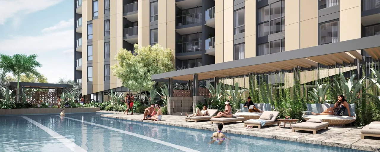 Computer rendered image of people sitting around a swimming pool with a residential tower block in the background