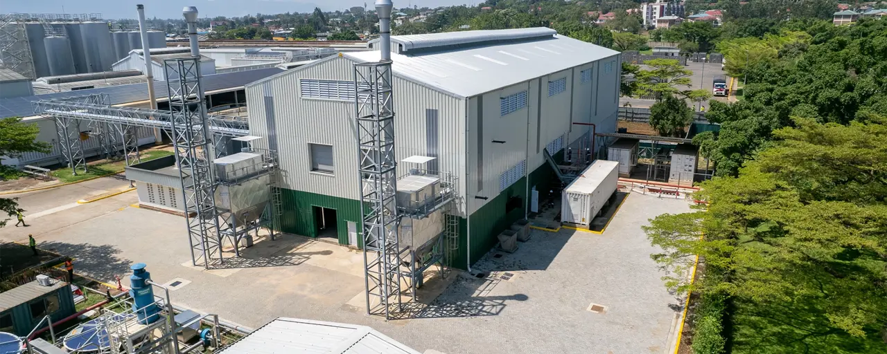 Aerial shot of East African Breweries biomass steam plants, Africa