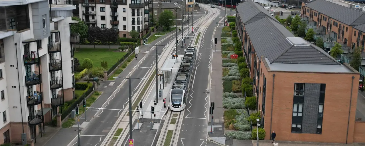 Ariel view of the tram going through Edinburgh city