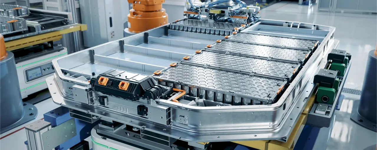 Interior of gigafactory with orange and steel machinery 