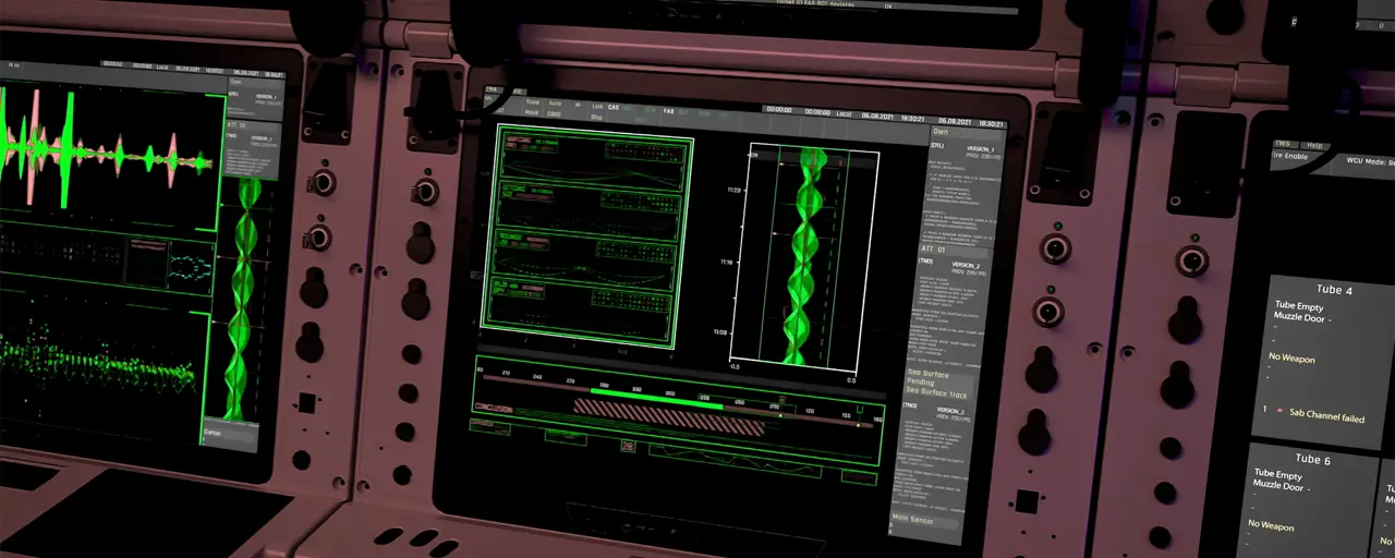 Nuclear facilities control desk with digital monitoring screens