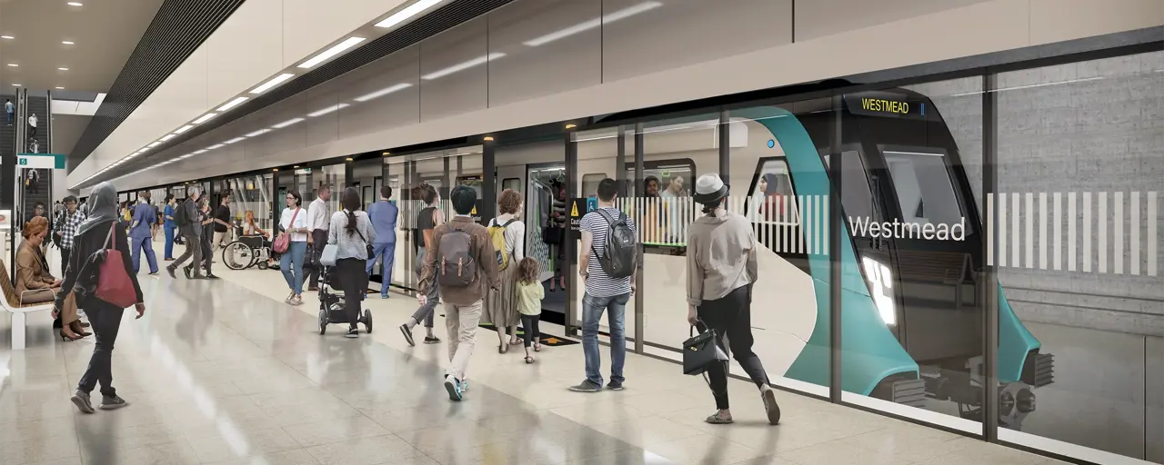 Sydney metro station train platform with passengers.