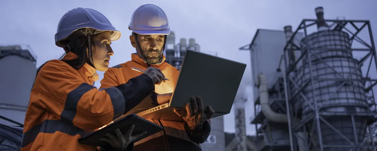 Male and female construction workers wearing high vis and looking at a laptop