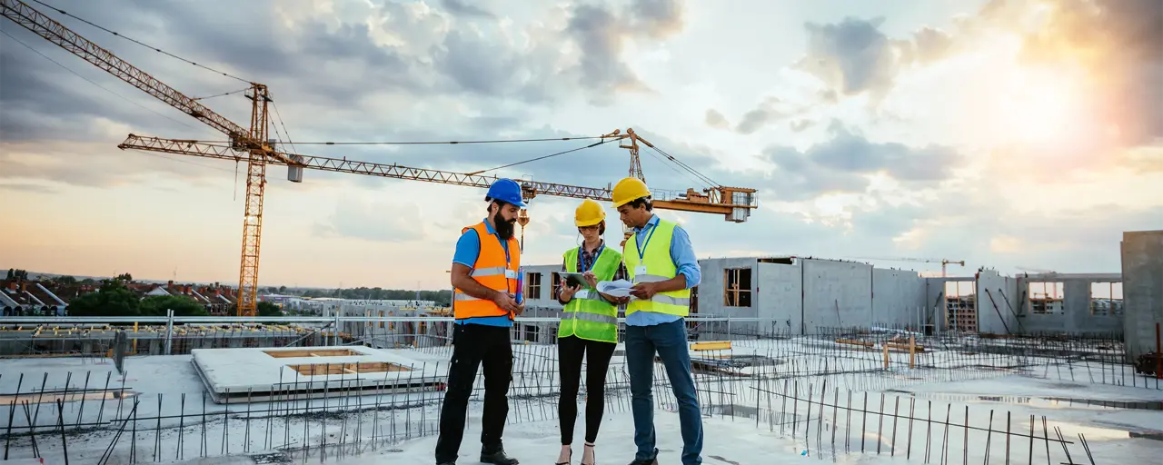 Image of Employees working on construction site, wearing protective equipment and discussing next construction phase