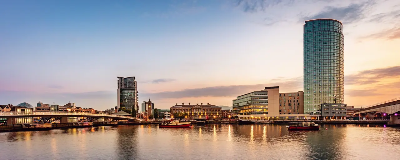 Skyline photo of buildings across the River Lagan in Belfast