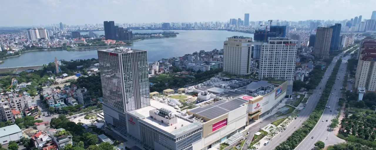 Aerial shot of Lotte Mall West Lake in Hanoi, Vietnam