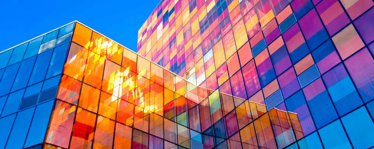 View of a building reflecting buildings.