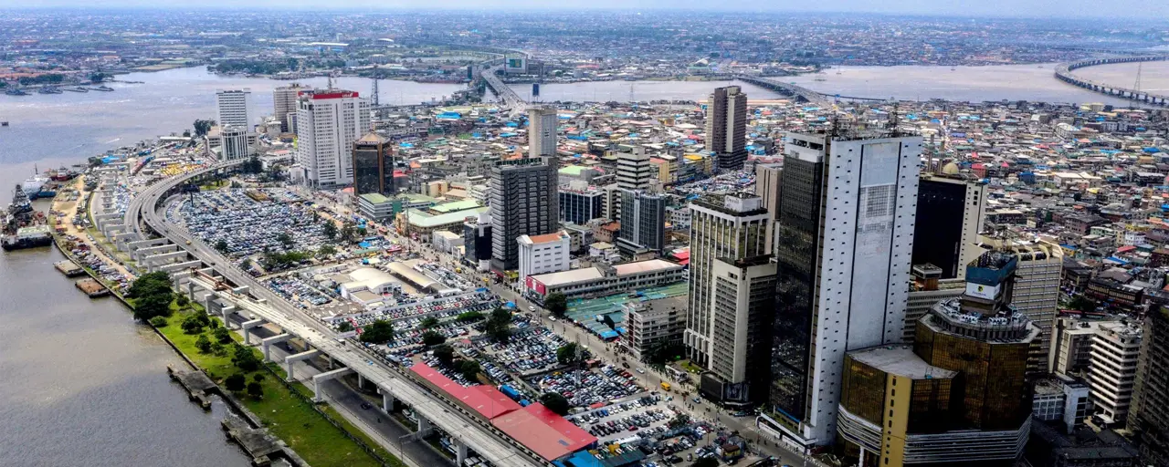 Drone shot of Lagos Marina with the three bridges in the background