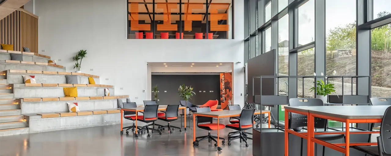 Interior shot of ONE BioHub, a research institute in Aberdeen, Scotland.