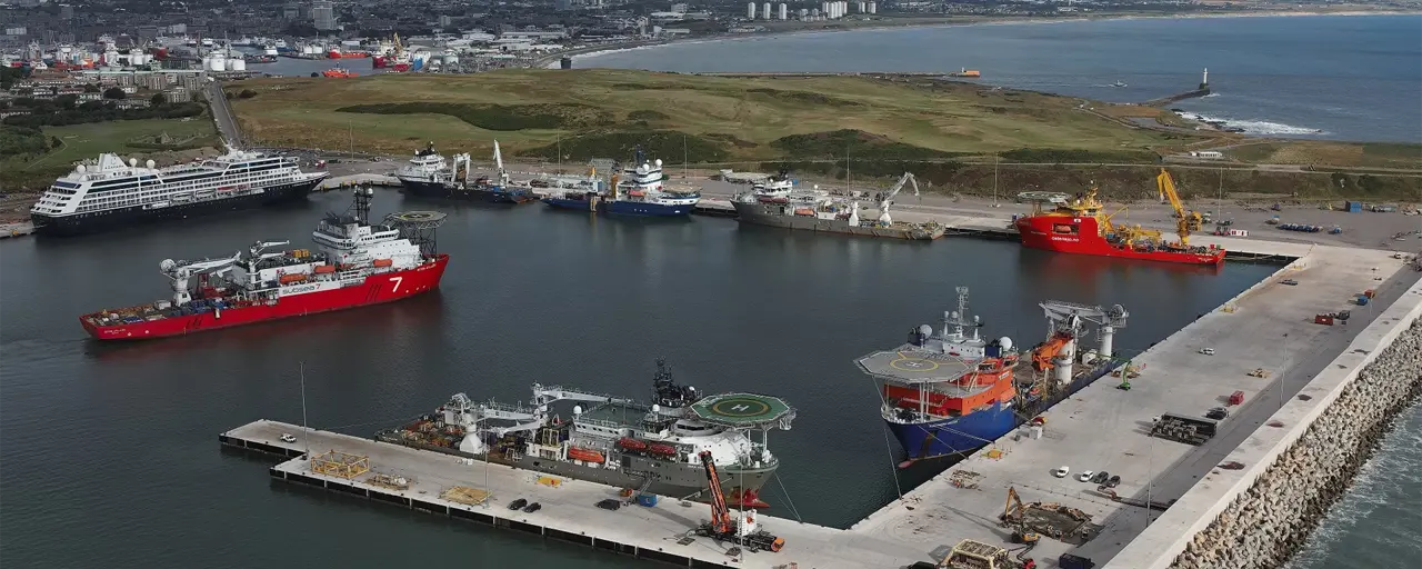 Aerial view of port with ships