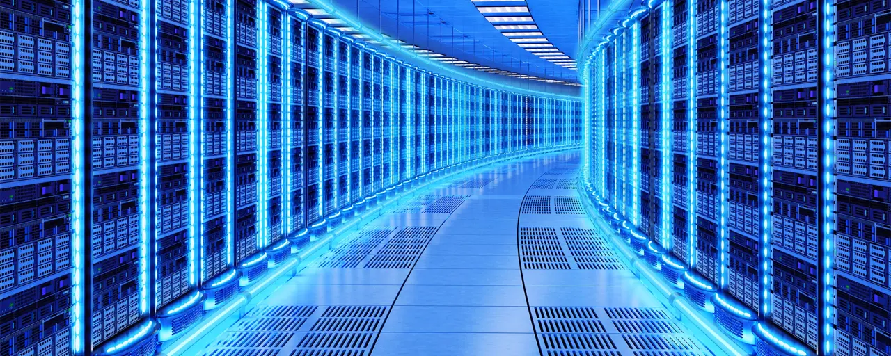 Blue lit curved server room