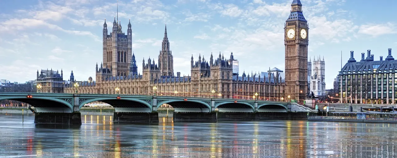 Skyline photo of the UK Houses of Parliament and Big Ben with Westminster Bridge in the foreground