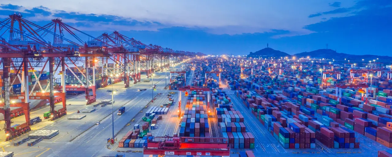 Docklands storage area with ship containers and dark blue night sky