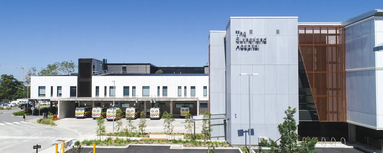 Exterior shot of the Sutherland Hospital Operating Theatre Complex in Australia.