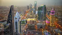 High angle view of central business, finance, and residential districts at dusk