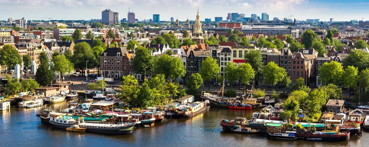 Panoramic aerial view of Amsterdam in a beautiful summer day, The Netherlands