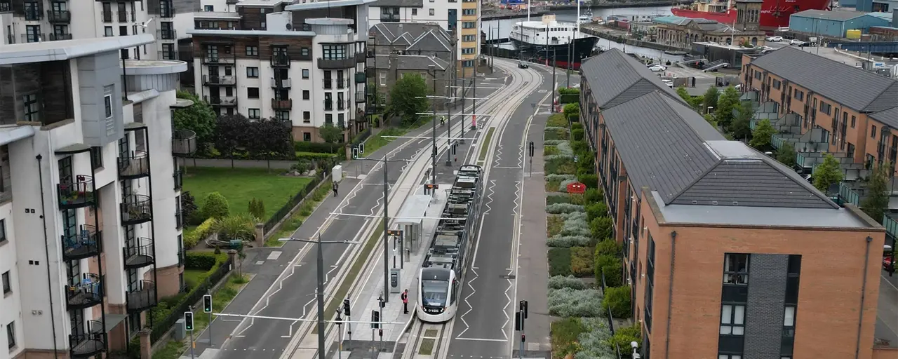 Drone shot of Edinburgh Trams in action.