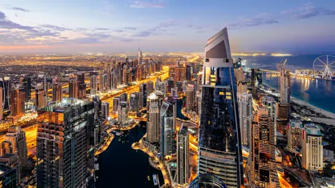 Dubai city skyline at sunrise