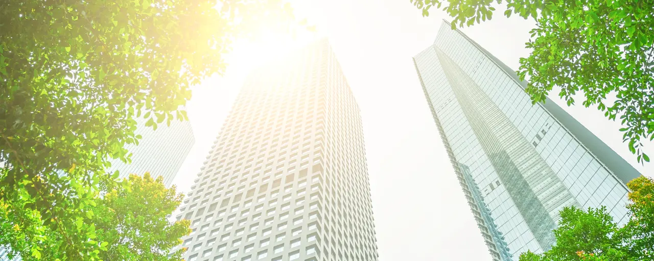 Two skyscrapers against bright sky with green trees either side