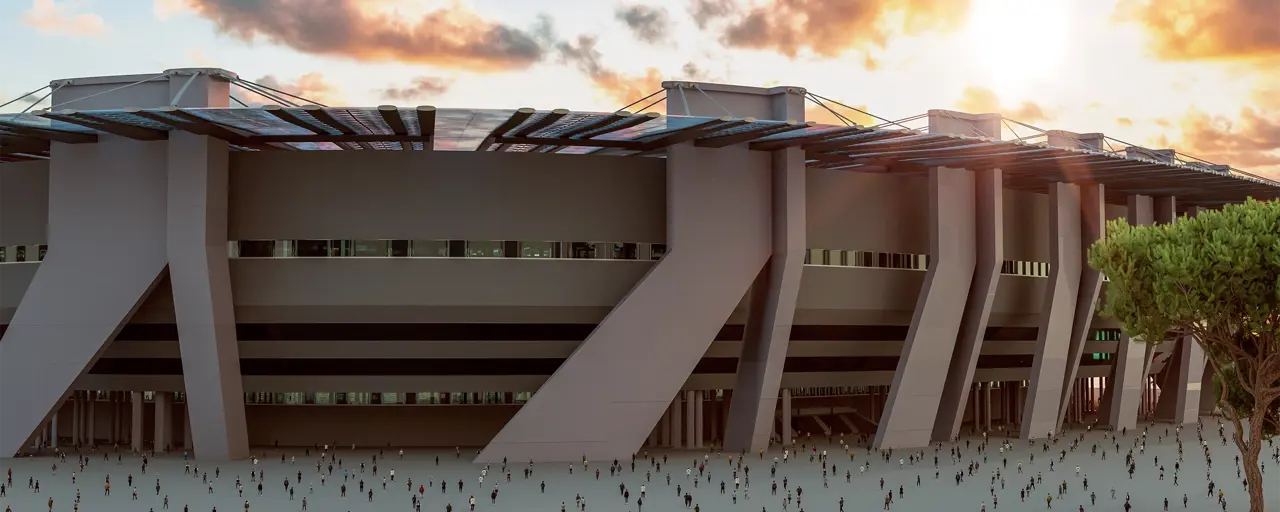 Large sports stadium with crowds off supporter entering the main gates