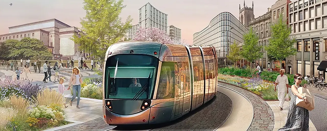 A modern train travels along a curved track in a vibrant urban setting. The surrounding area features beautifully landscaped gardens with colourful flowers and trees. Pedestrians are walking and enjoying the scenery, and a couple is seen riding bicycles. The background showcases a mix of historical and contemporary buildings, including a church with a tall spire. The scene is lively, with people engaging in various activities, reflecting a harmonious blend of nature and urban life.